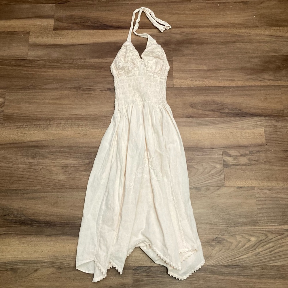 Hand Stitched Cotton Halter Midi Dress Boho Hippie Sz M